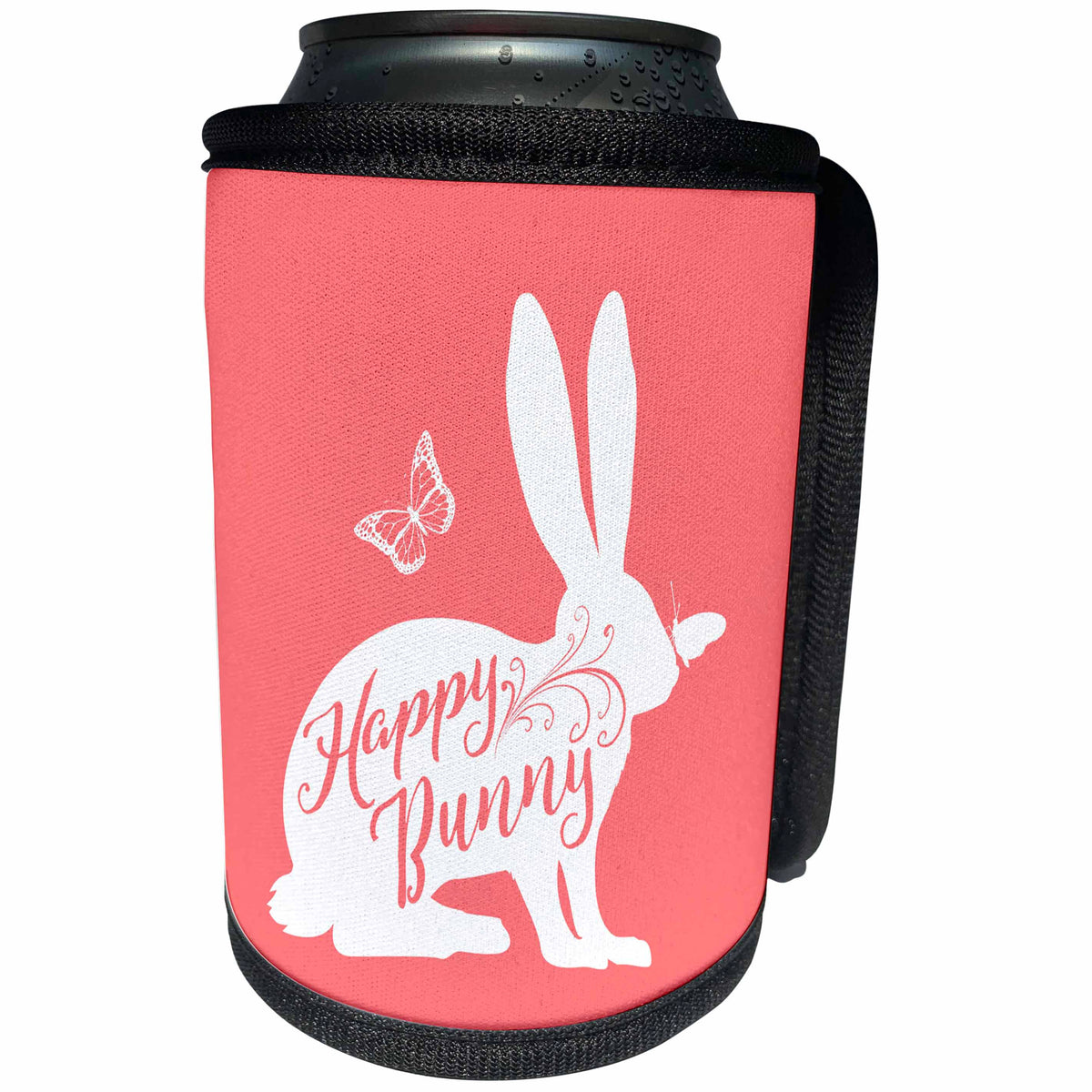 3dRose Russ Billington Designs - Happy Bunny- Cute Bunny with Butterflies in White on Pink - Can Cooler Bottle Wrap (cc_262048)