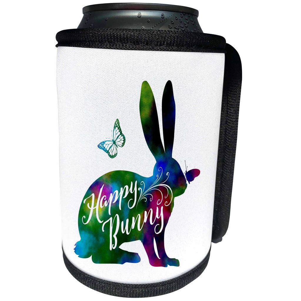 3dRose Russ Billington Designs - Happy Bunny- Beautiful Bunny with Butterflies in Blue Green Watercolor - Can Cooler Bottle Wrap (cc_262049)