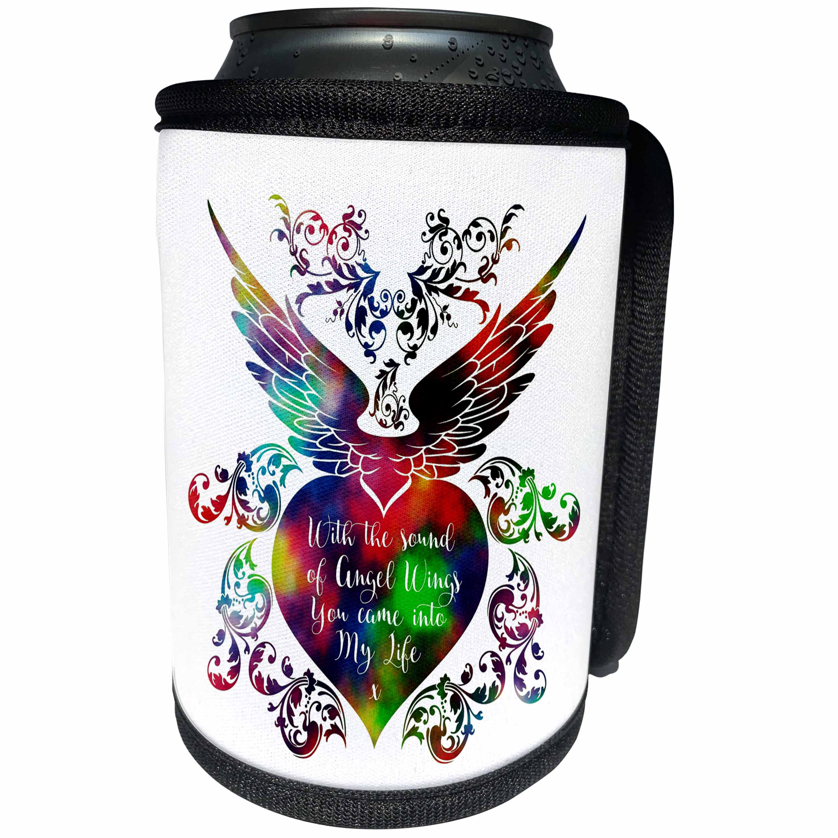 3dRose Russ Billington Designs - Angel Wings- Beautiful words in White over Colorful Heart with Wings - Can Cooler Bottle Wrap (cc_262050)