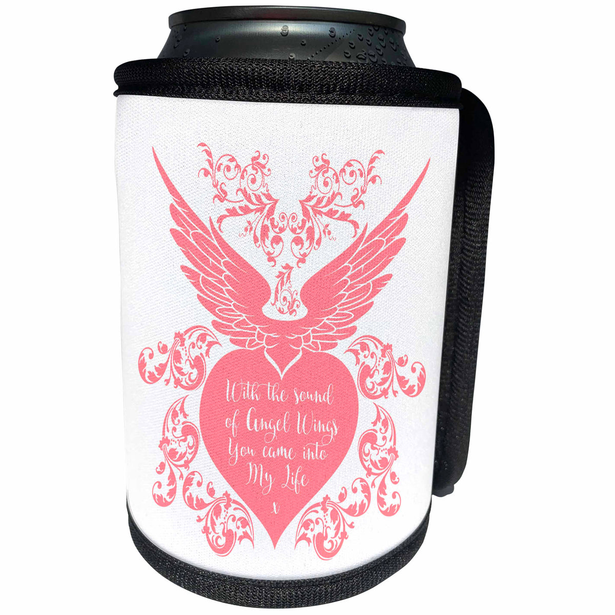 3dRose Russ Billington Designs - Angel Wings- Beautiful words in White over Pink Heart with Wings - Can Cooler Bottle Wrap (cc_262052)