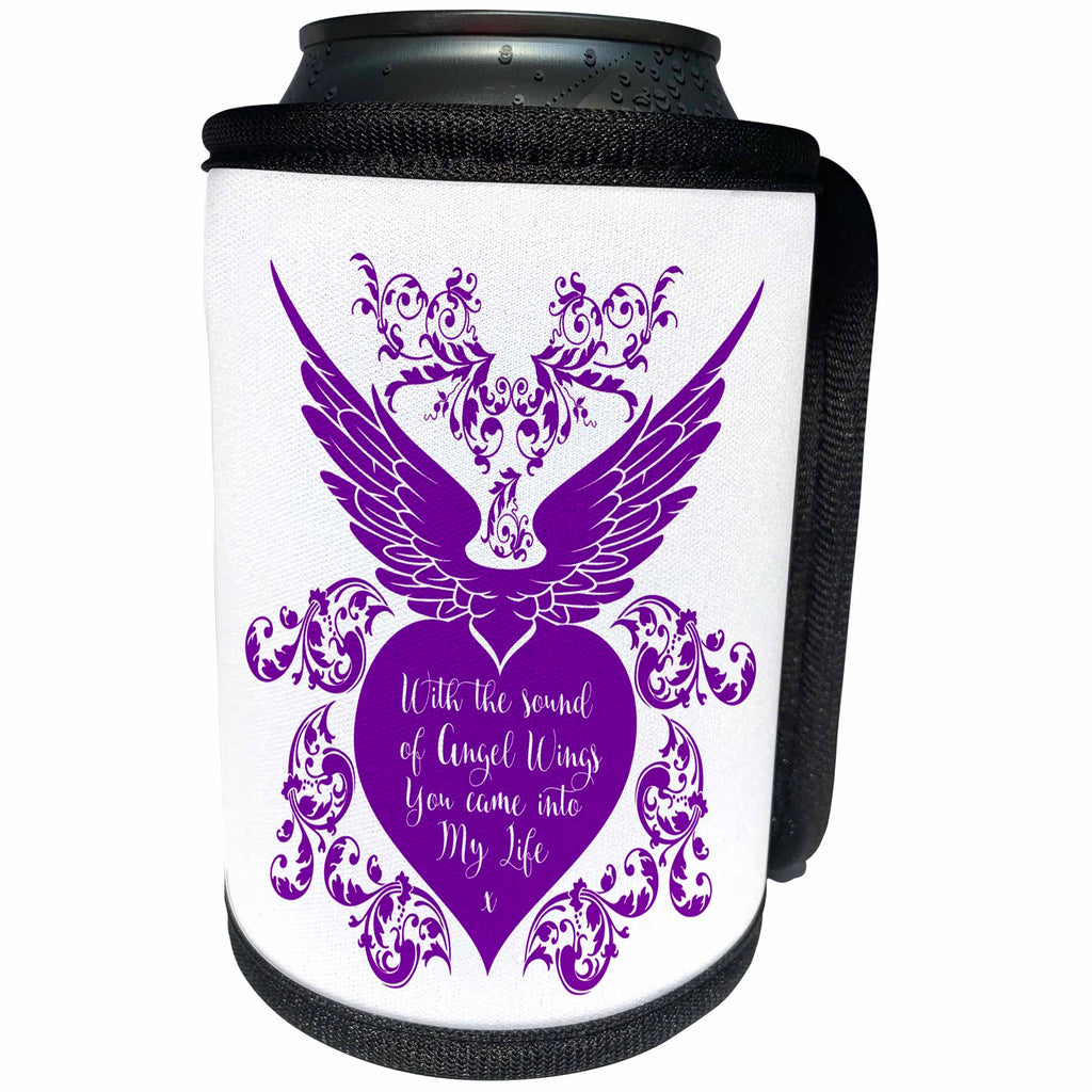 3dRose Russ Billington Designs - Angel Wings- Beautiful words in White over Purple Heart with Wings - Can Cooler Bottle Wrap (cc_262054)
