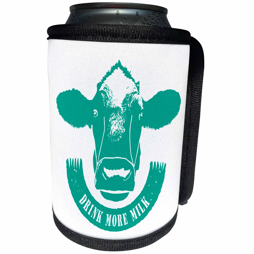3dRose Russ Billington Designs - Drink More Milk- Cows Head and Scroll in Teal and White - Can Cooler Bottle Wrap (cc_262056)