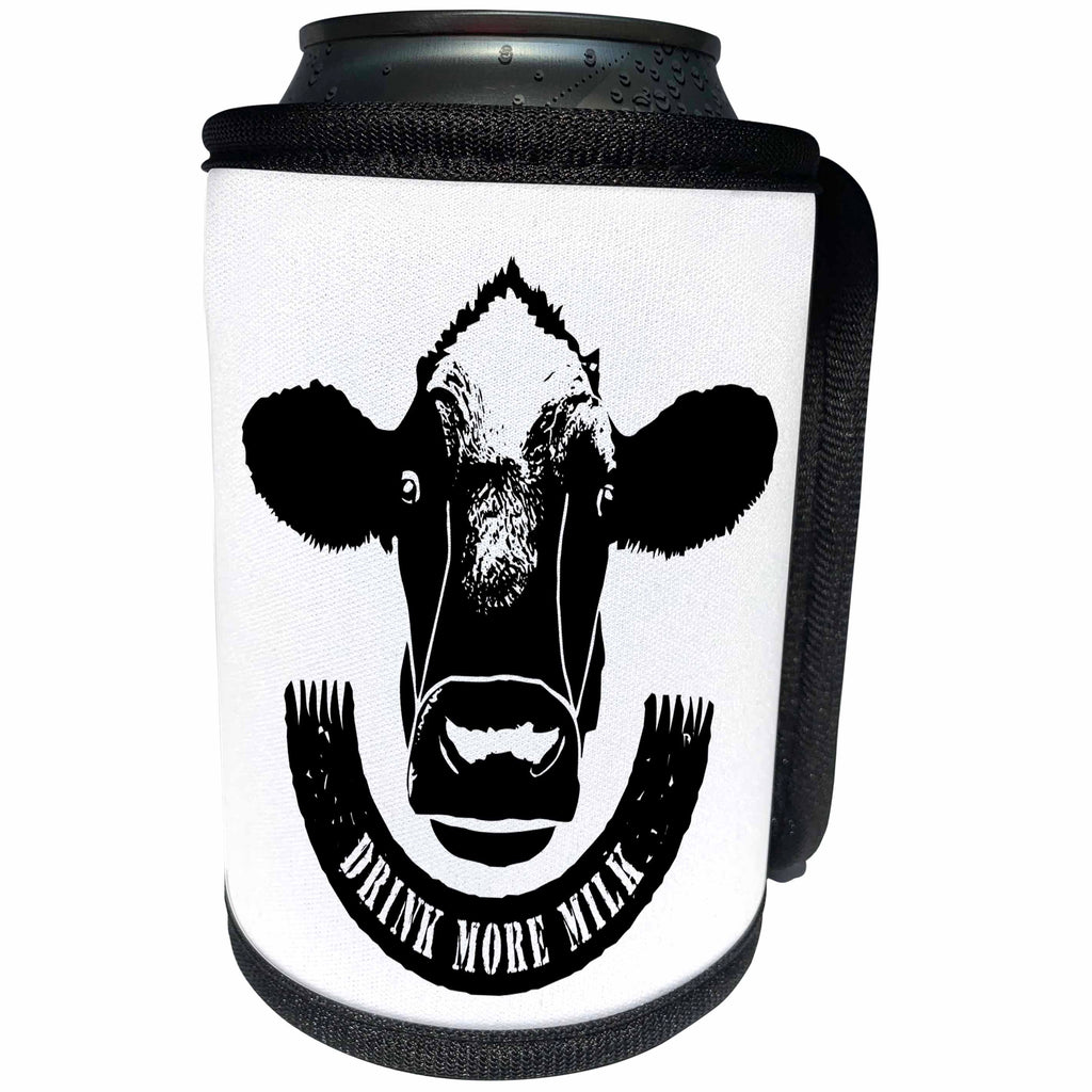 3dRose Russ Billington Designs - Drink More Milk- Cows Head and Scroll in Black and White - Can Cooler Bottle Wrap (cc_262057)