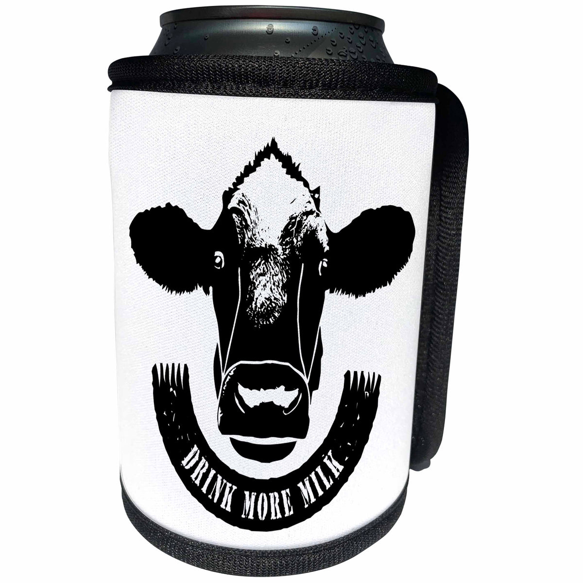 3dRose Russ Billington Designs - Drink More Milk- Cows Head and Scroll in Black and White - Can Cooler Bottle Wrap (cc_262057)