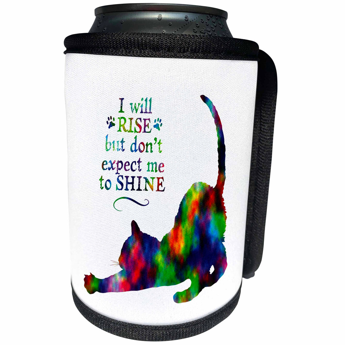 3dRose Russ Billington Designs - Rise and Shine- Funny Cat Design in Colorful Watercolor Effect - Can Cooler Bottle Wrap (cc_262064)