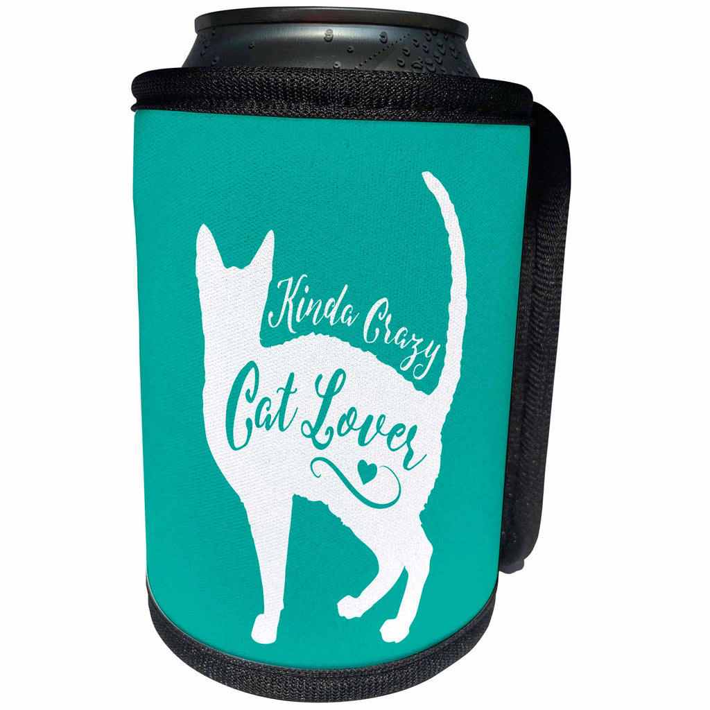 3dRose Russ Billington Designs - Crazy Cat Lover- Funny Cat Design in White on Teal Background - Can Cooler Bottle Wrap (cc_262069)