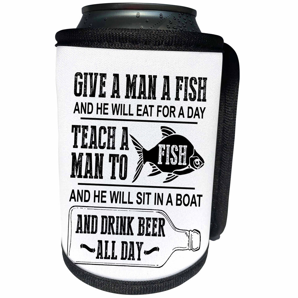 3dRose Russ Billington Designs - Funny Fishing Joke Design in Black and White - Can Cooler Bottle Wrap (cc_262073)