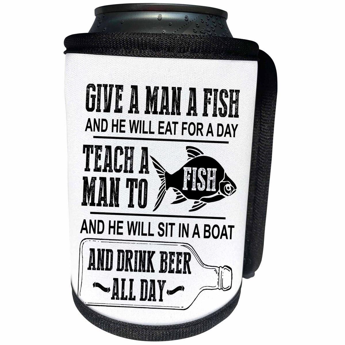 3dRose Russ Billington Designs - Funny Fishing Joke Design in Black and White - Can Cooler Bottle Wrap (cc_262073)