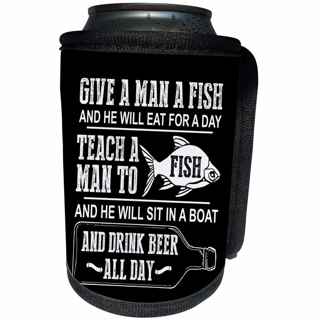 3dRose Russ Billington Designs - Funny Fishing Joke Design in White on Black - Can Cooler Bottle Wrap (cc_262074)