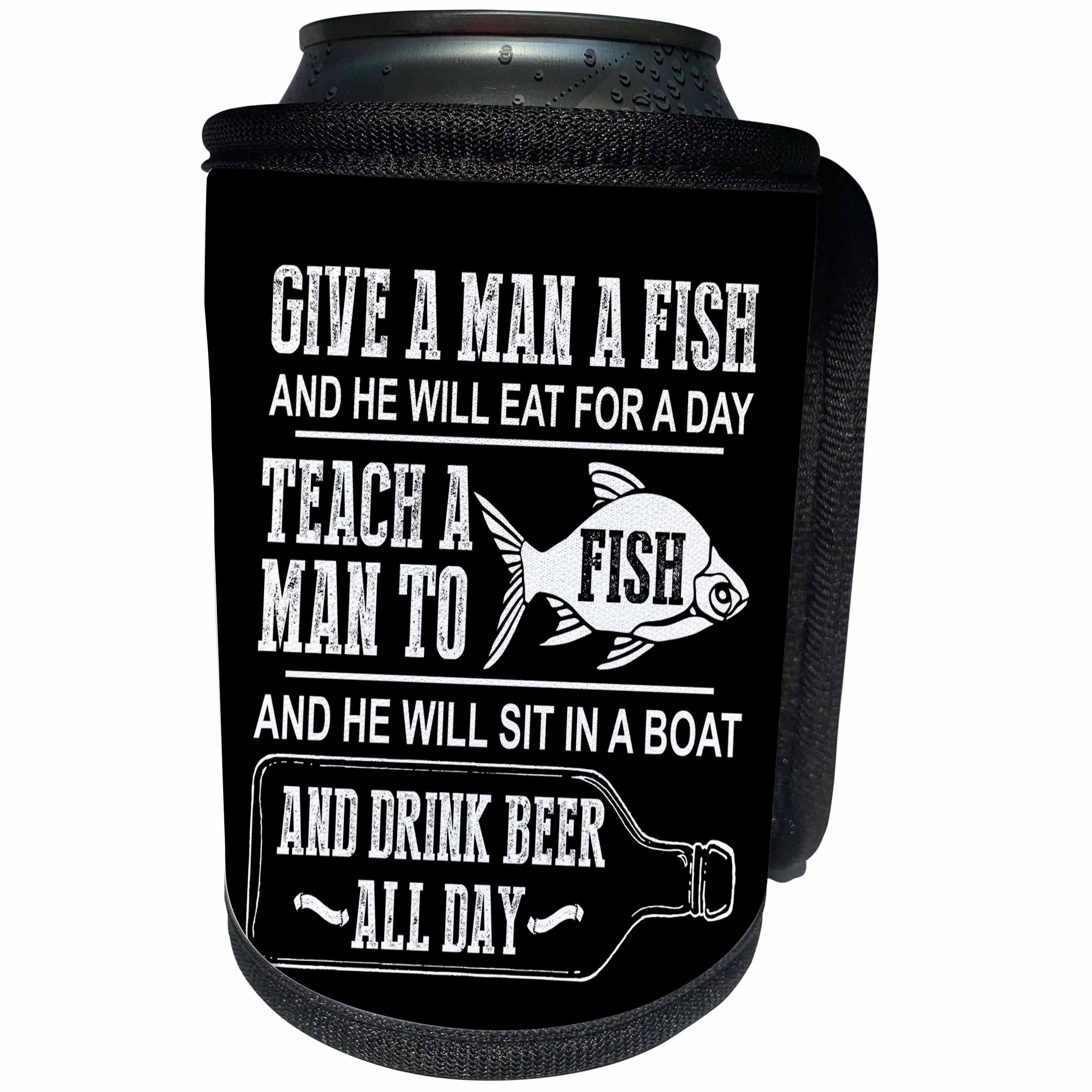 3dRose Russ Billington Designs - Funny Fishing Joke Design in White on Black - Can Cooler Bottle Wrap (cc_262074)
