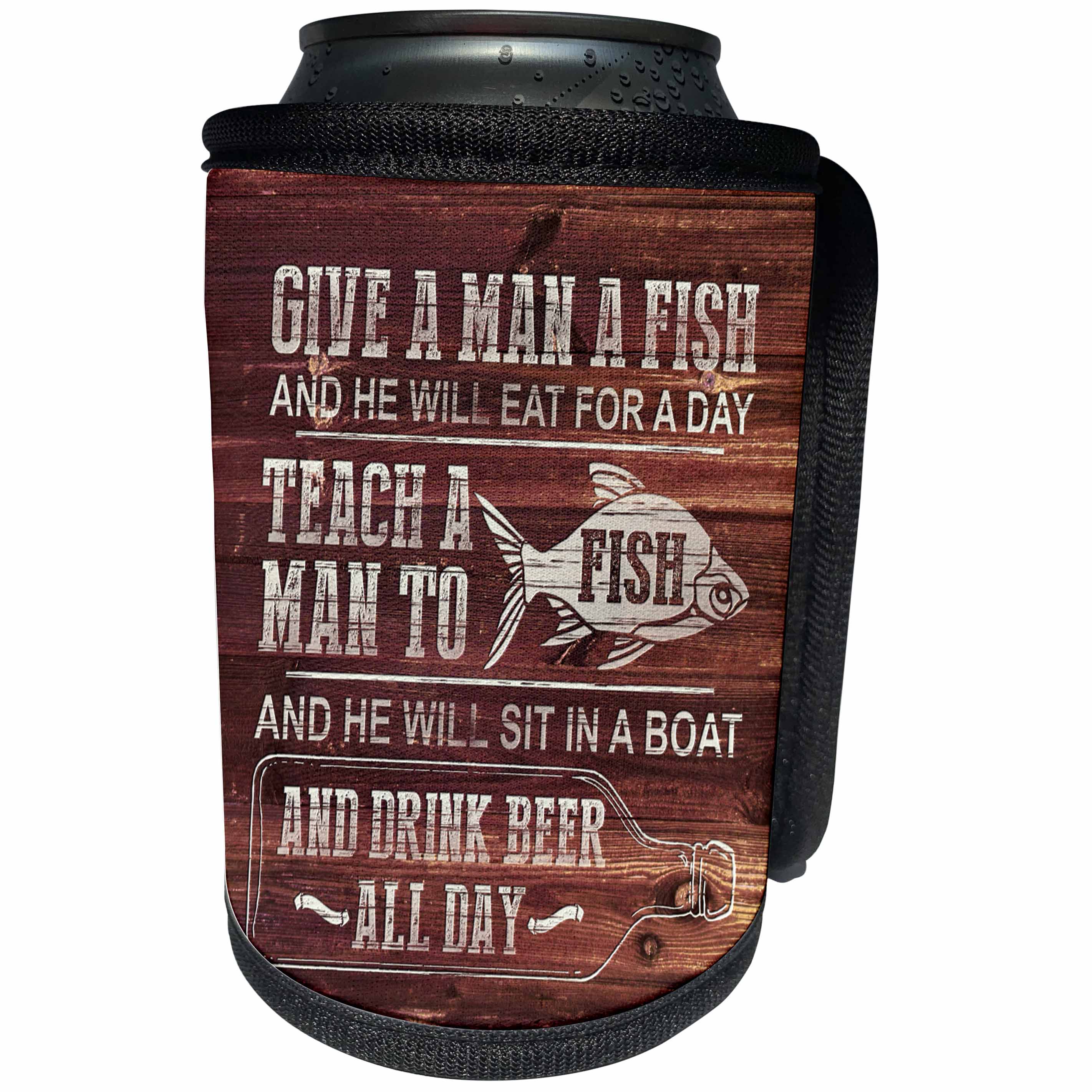 3dRose Russ Billington Designs - Funny Fishing Design in White on Brown Weatherboard- Not Real Wood - Can Cooler Bottle Wrap (cc_262077)
