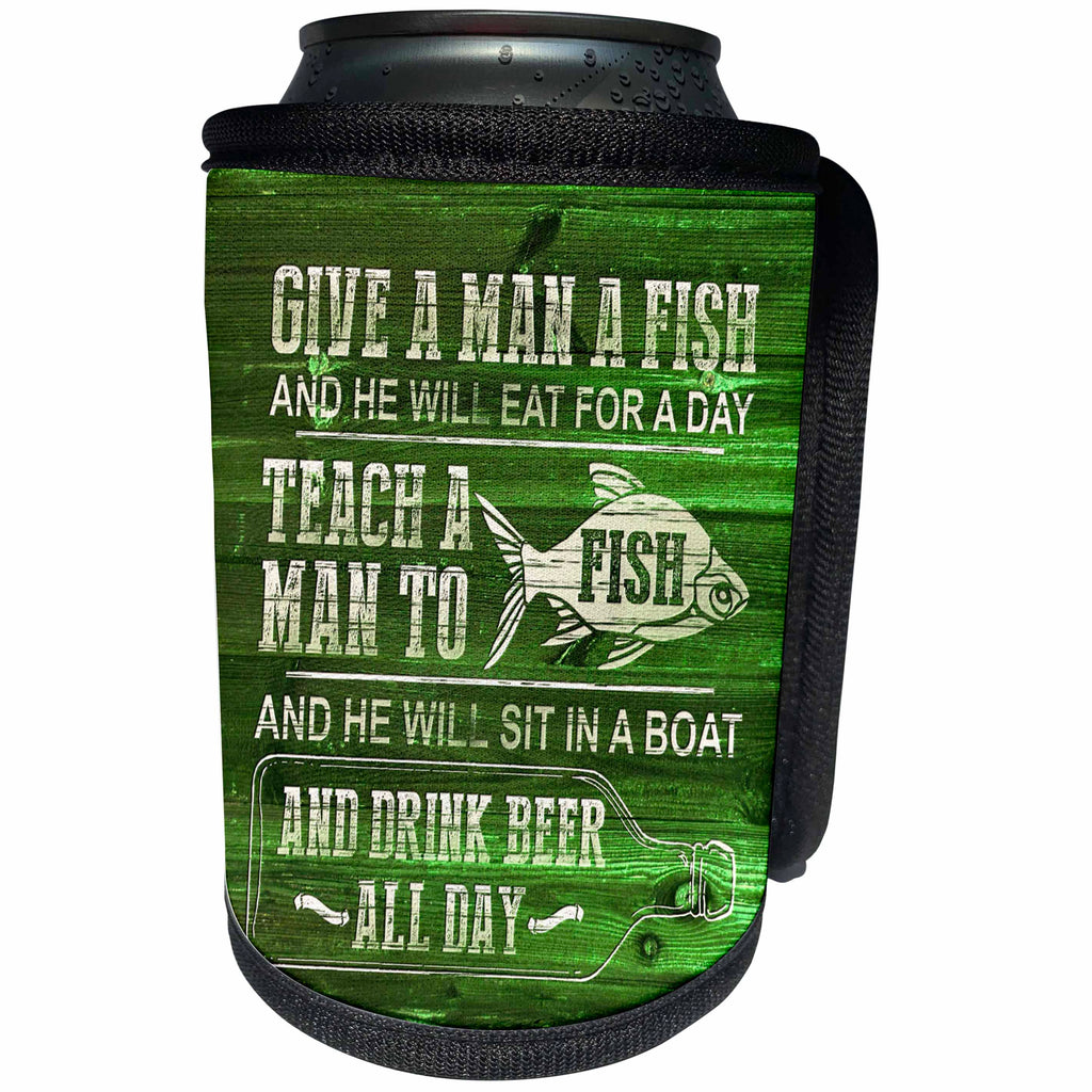 3dRose Russ Billington Designs - Funny Fishing Design in White on Green Weatherboard- Not Real Wood - Can Cooler Bottle Wrap (cc_262078)