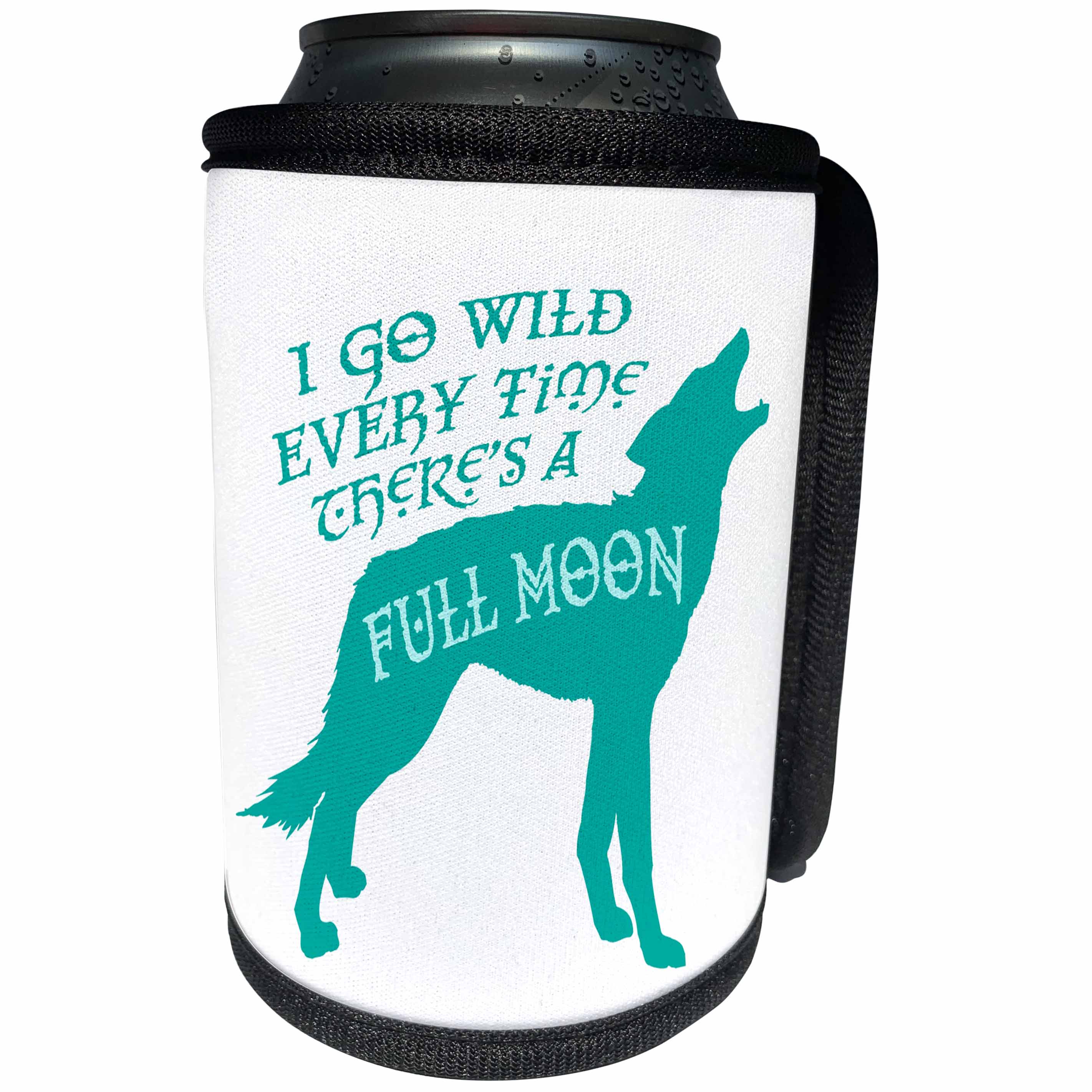 3dRose Russ Billington Designs - Howling Wolf Design- Full Moon in Teal and White - Can Cooler Bottle Wrap (cc_262079)