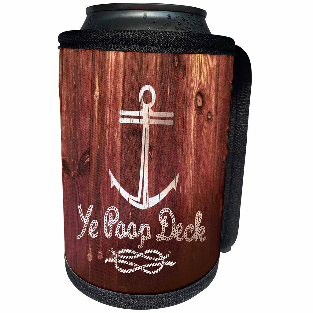 3dRose Russ Billington Nautical Designs - Ye Poop Deck- Funny Anchor Design on Brown Wood Effect- not real wood - Can Cooler Bottle Wrap (cc_262172)