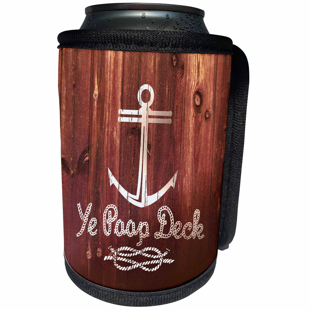 3dRose Russ Billington Nautical Designs - Ye Poop Deck- Funny Anchor Design on Brown Wood Effect- not real wood - Can Cooler Bottle Wrap (cc_262172)