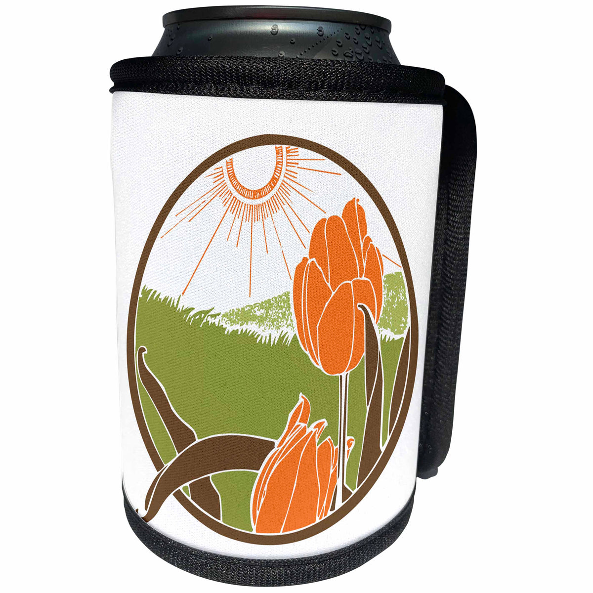 3dRose Russ Billington Designs - Art Nouveau Tulip Field in Green Brown and Peach - Can Cooler Bottle Wrap (cc_262221)