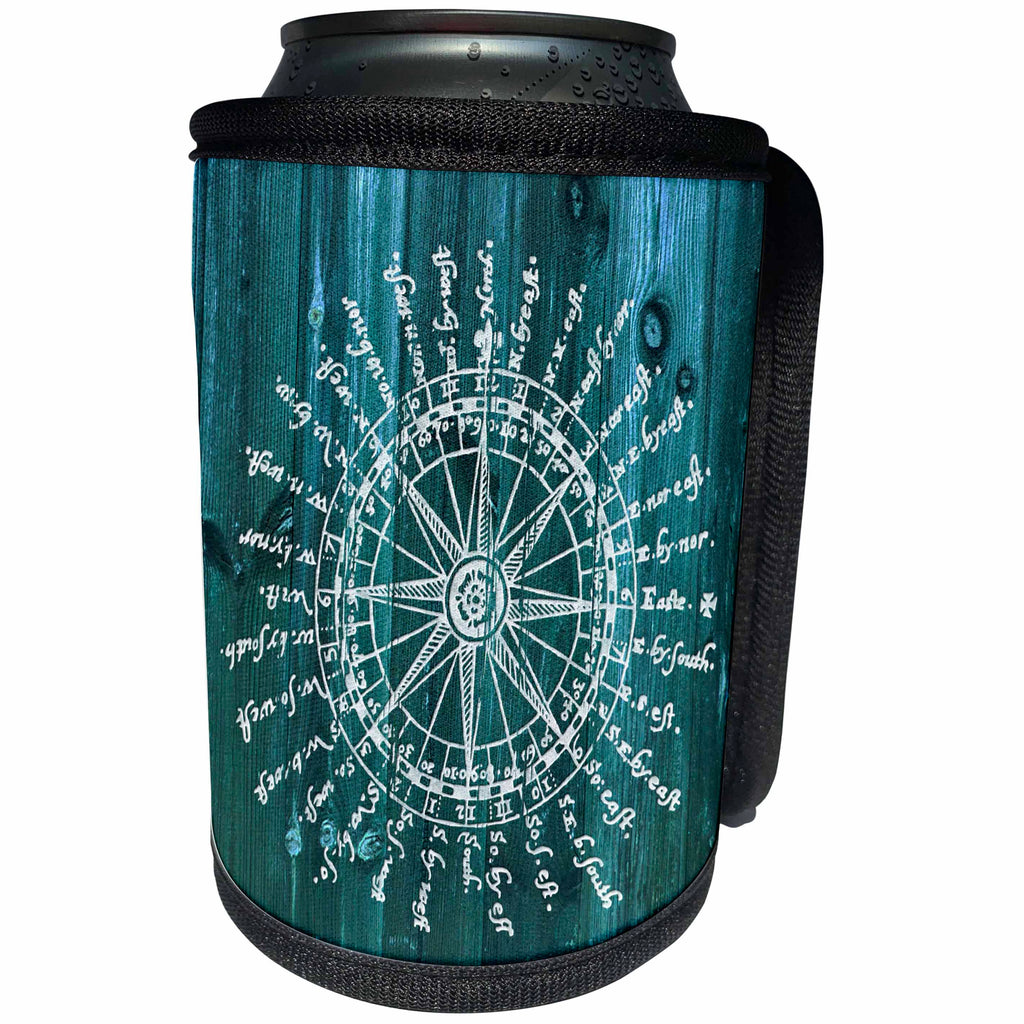 3dRose Russ Billington Nautical Designs - Antique Nautical Compass in White on Blue Wood Effect- not Real Wood - Can Cooler Bottle Wrap (cc_262230)