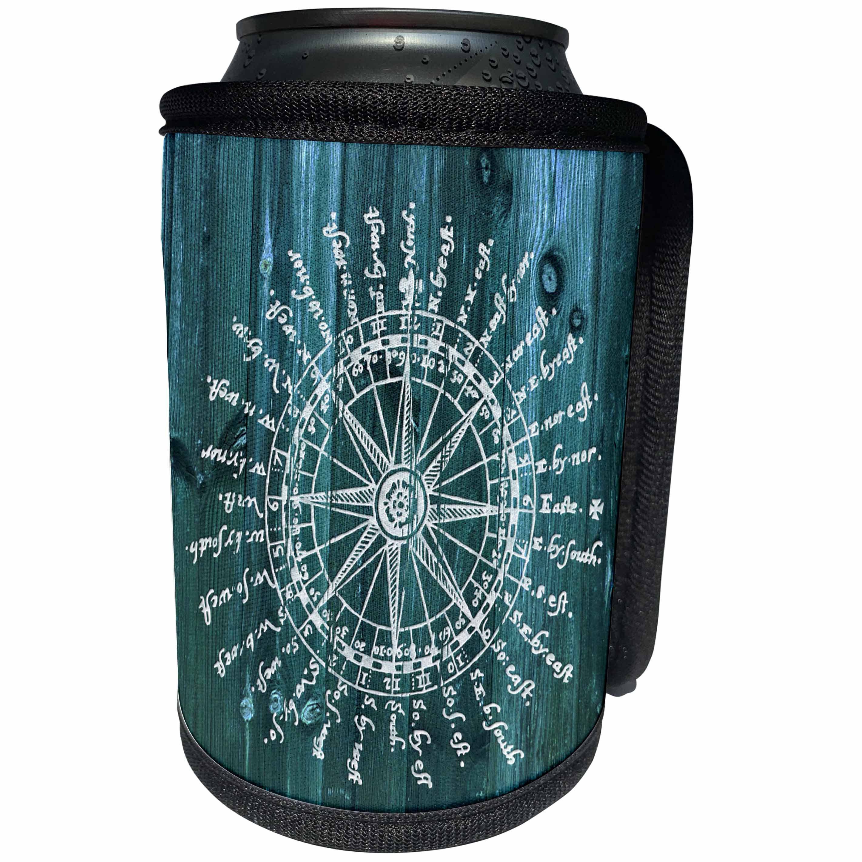3dRose Russ Billington Nautical Designs - Antique Nautical Compass in White on Blue Wood Effect- not Real Wood - Can Cooler Bottle Wrap (cc_262230)