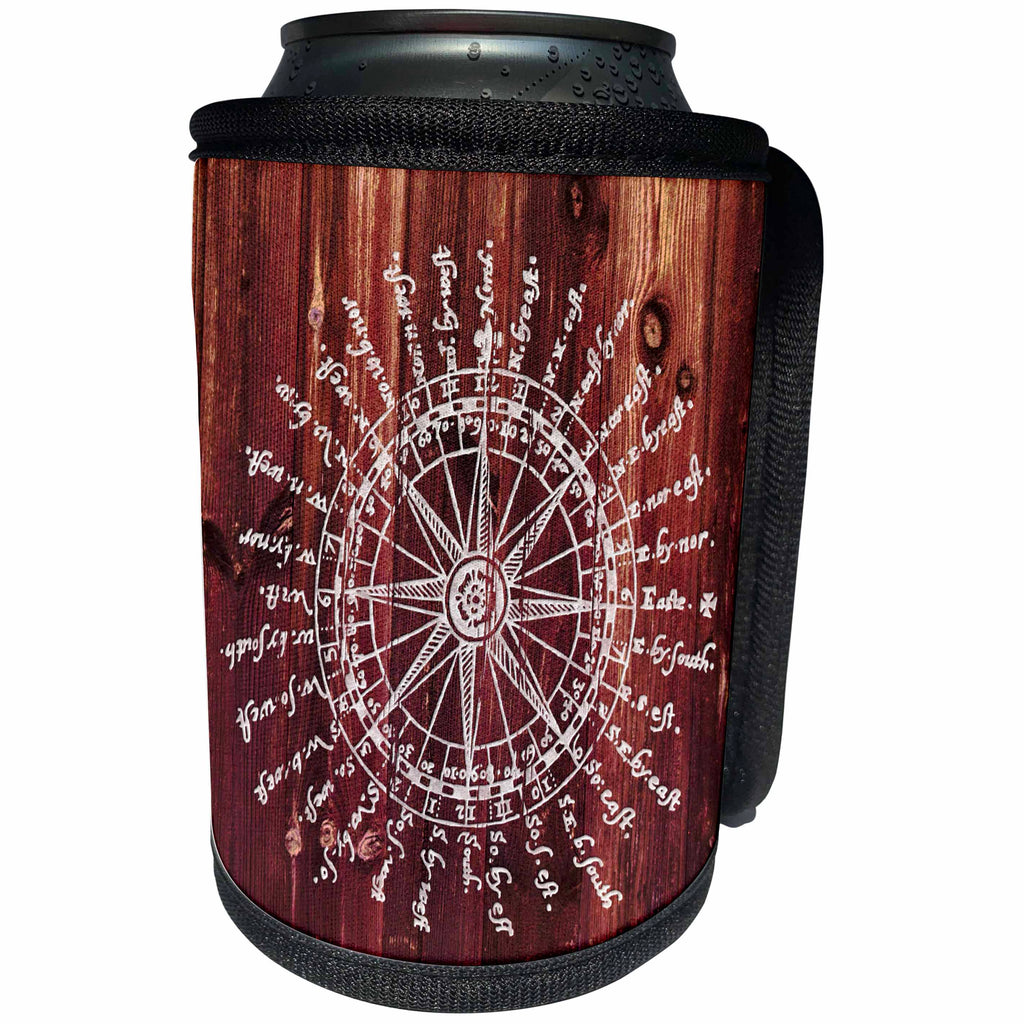 3dRose Russ Billington Nautical Designs - Antique Nautical Compass in White on Brown Wood Effect- not Real Wood - Can Cooler Bottle Wrap (cc_262231)