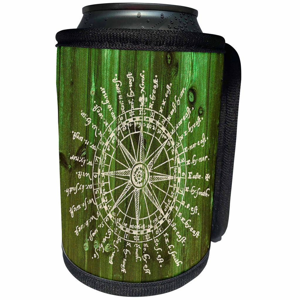 3dRose Russ Billington Nautical Designs - Antique Nautical Compass in White on Green Wood Effect- not Real Wood - Can Cooler Bottle Wrap (cc_262232)