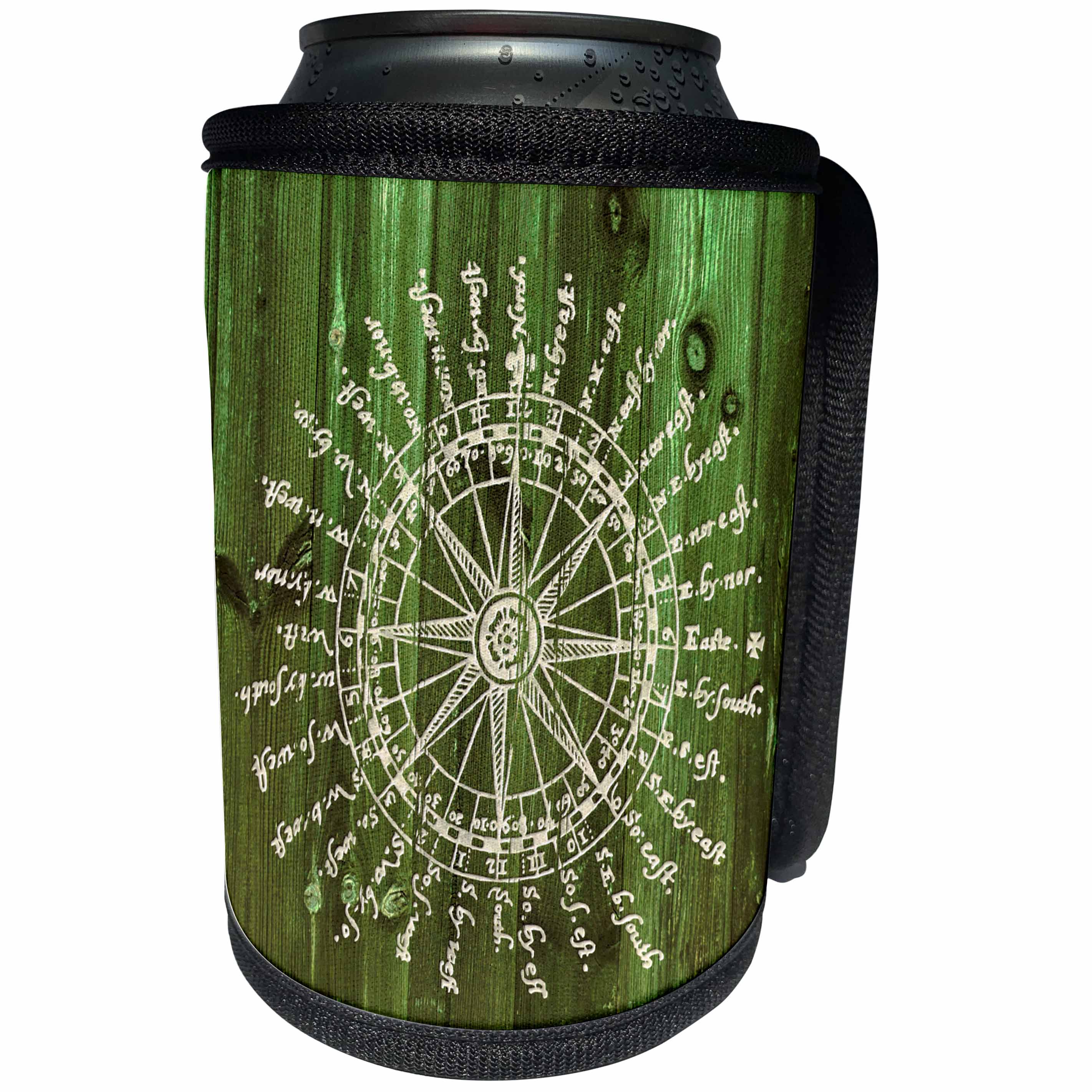3dRose Russ Billington Nautical Designs - Antique Nautical Compass in White on Green Wood Effect- not Real Wood - Can Cooler Bottle Wrap (cc_262232)