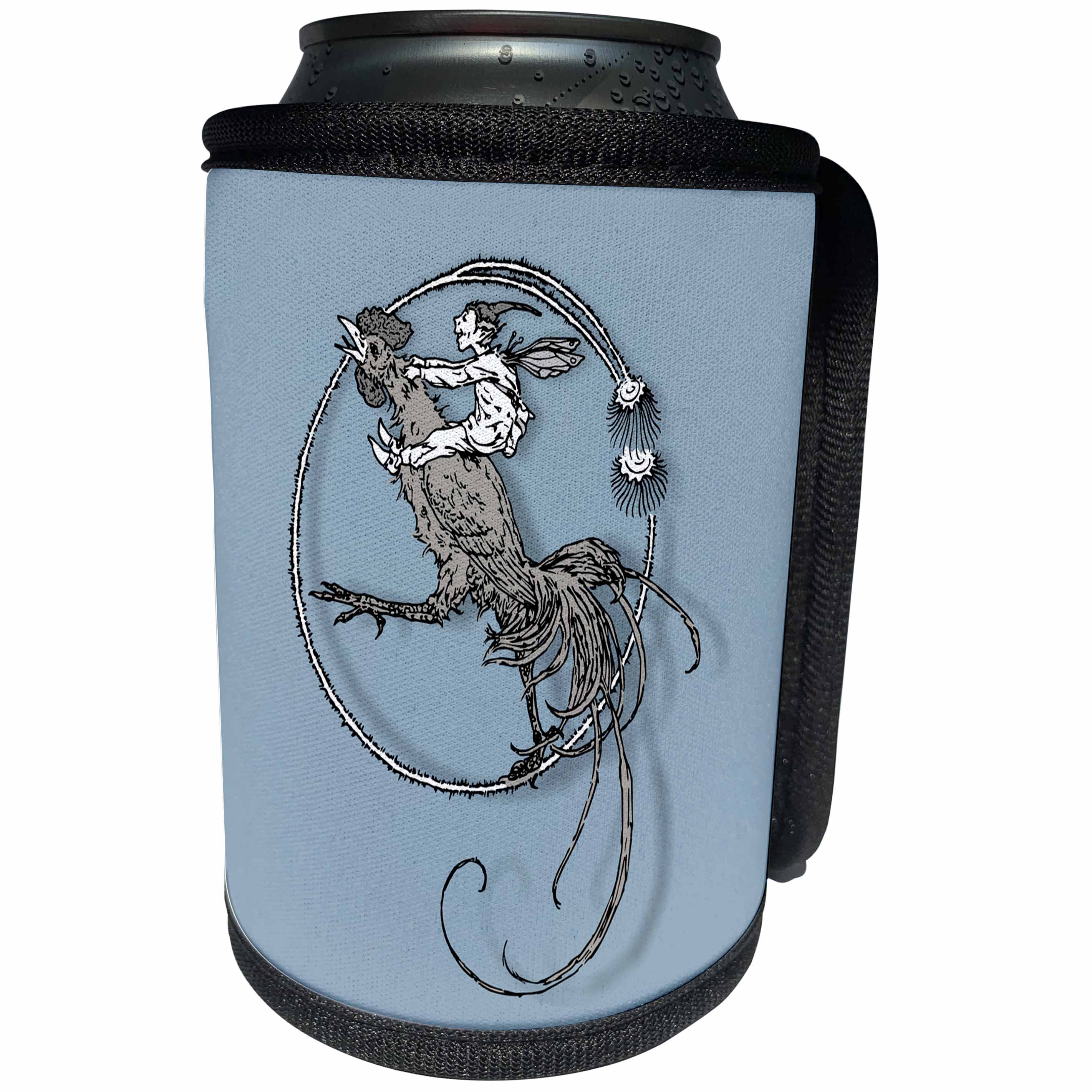 3dRose Russ Billington Designs - Funny Elf Riding a Chicken on Blue Background - Can Cooler Bottle Wrap (cc_262233)