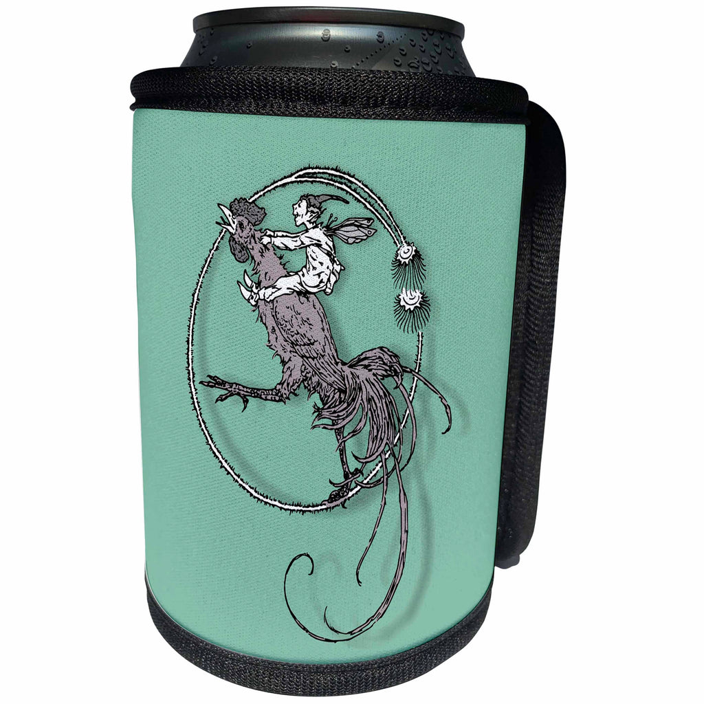 3dRose Russ Billington Designs - Funny Elf Riding a Chicken on Green Background - Can Cooler Bottle Wrap (cc_262234)