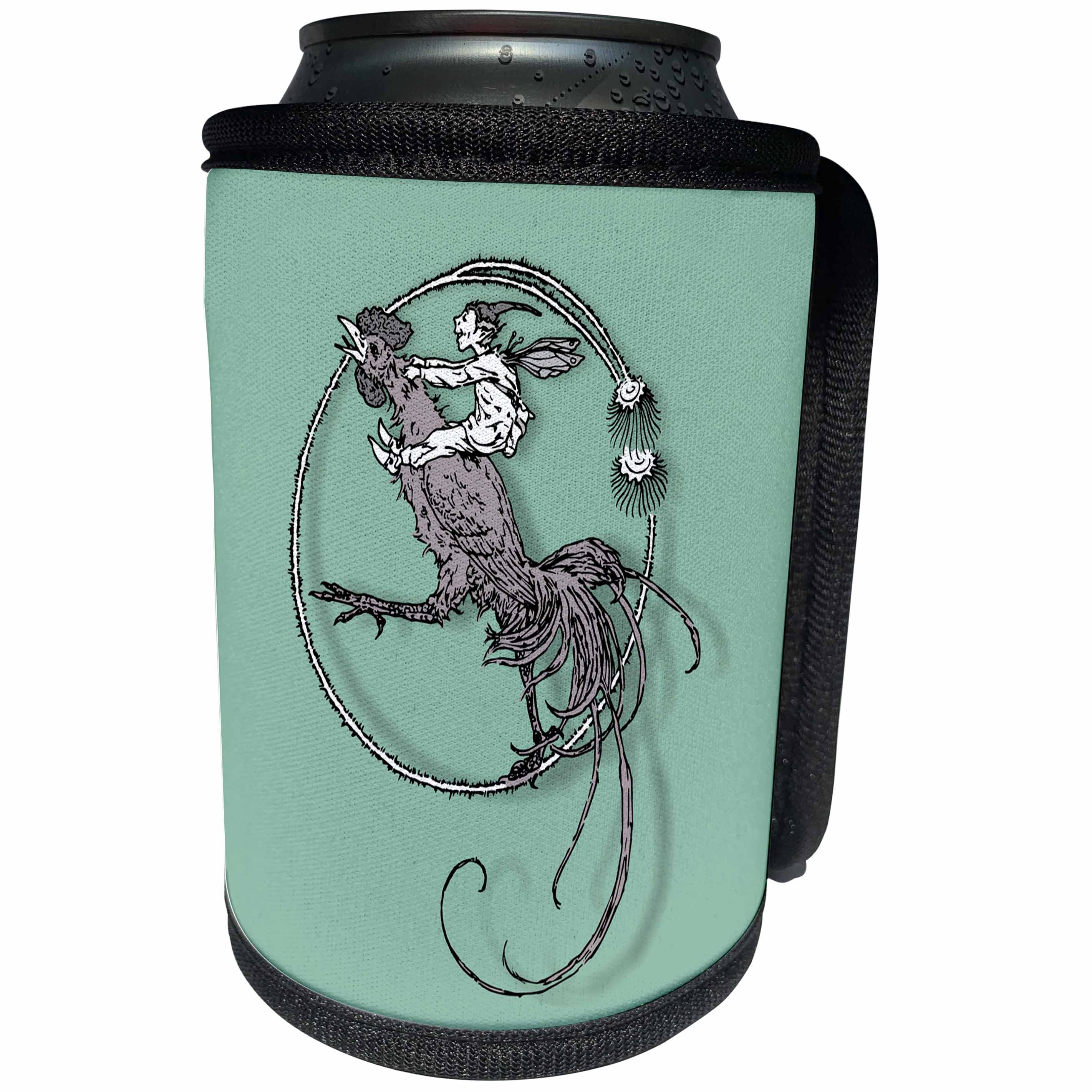 3dRose Russ Billington Designs - Funny Elf Riding a Chicken on Green Background - Can Cooler Bottle Wrap (cc_262234)