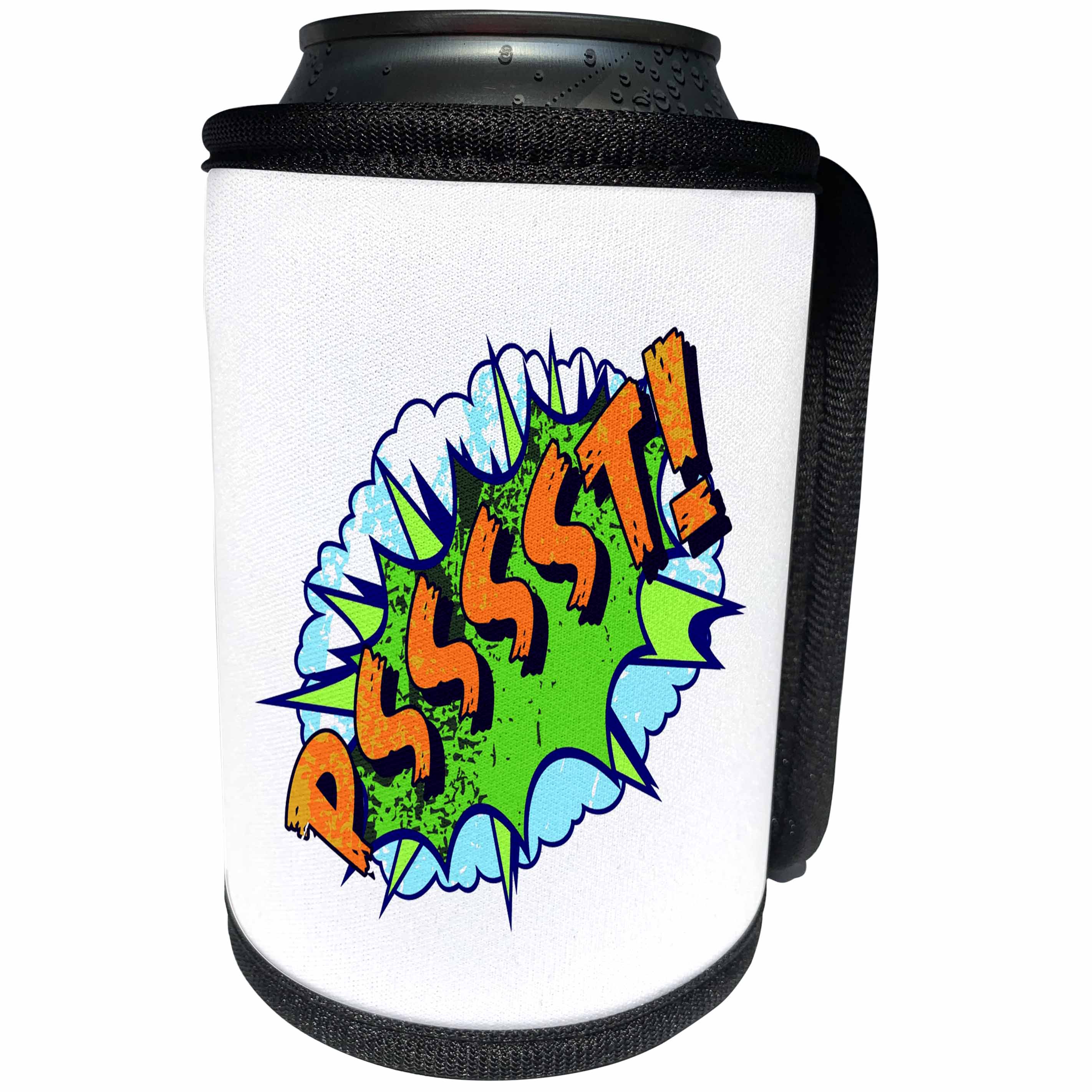 3dRose Russ Billington Designs - Silly Words- Psssst- Comic Book Typography in Blue Green and Yellow - Can Cooler Bottle Wrap (cc_262236)