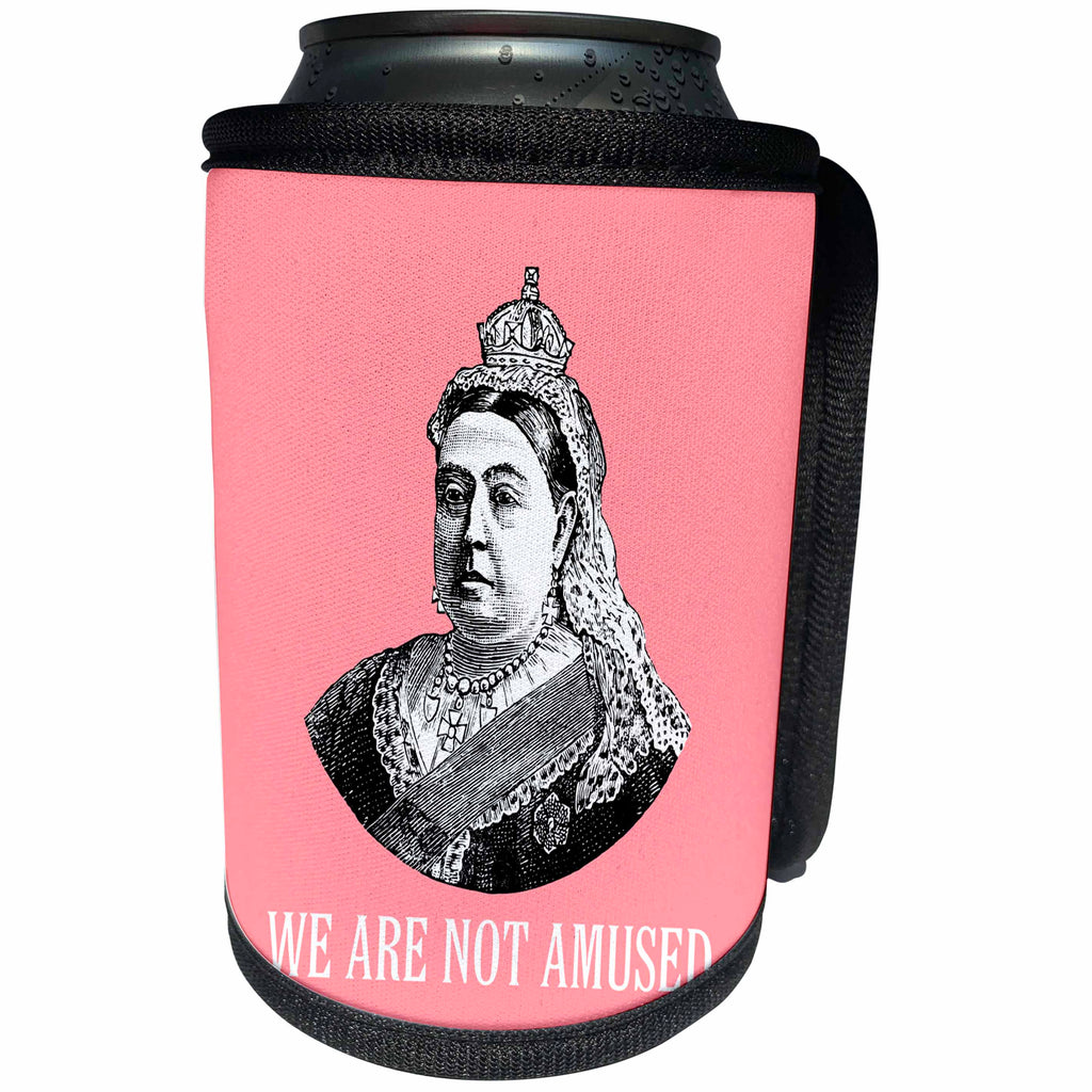 3dRose Russ Billington Designs - Funny Queen Victoria Design- We Are Not Amused on Pink Background - Can Cooler Bottle Wrap (cc_262240)