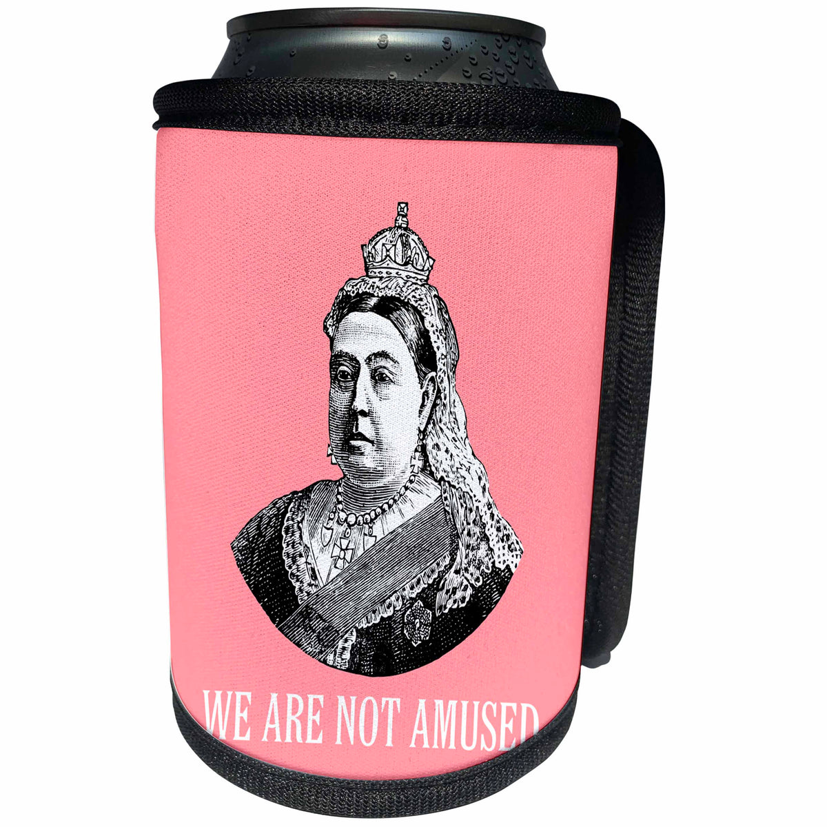 3dRose Russ Billington Designs - Funny Queen Victoria Design- We Are Not Amused on Pink Background - Can Cooler Bottle Wrap (cc_262240)