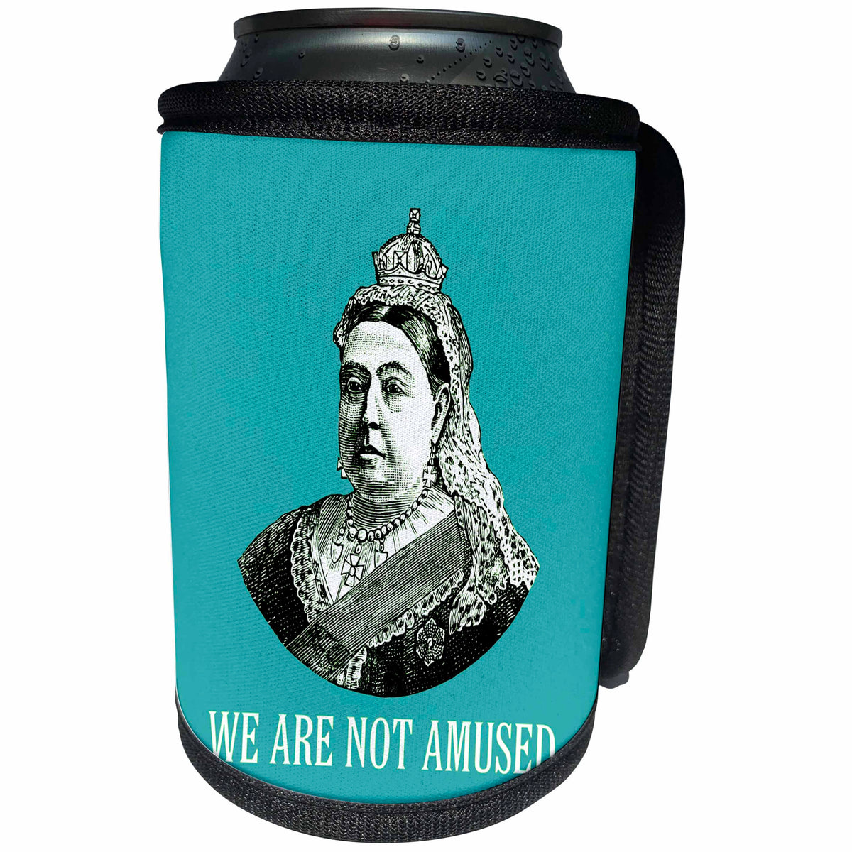 3dRose Russ Billington Designs - Funny Queen Victoria Design- We Are Not Amused on Blue Background - Can Cooler Bottle Wrap (cc_262241)