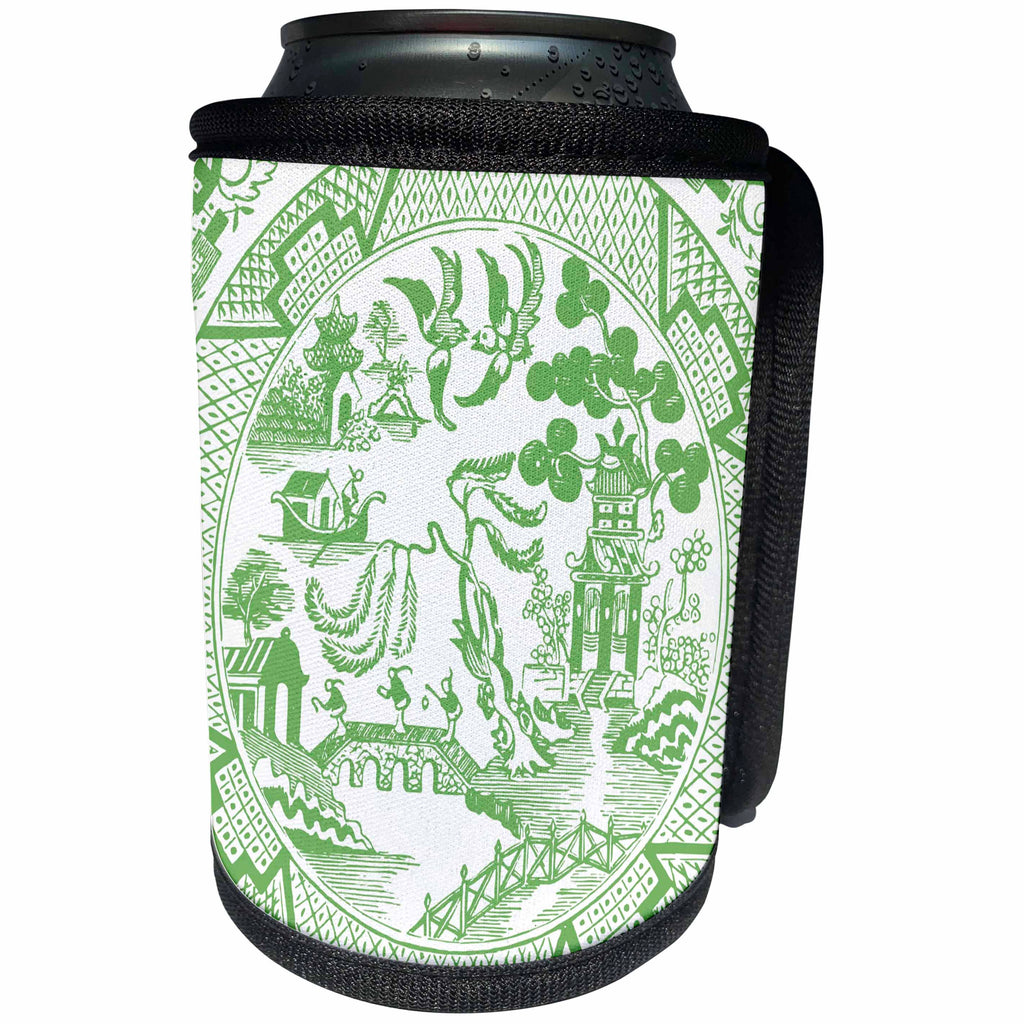 3dRose Russ Billington Designs - Willow Pattern Detail in Jade Green and White - Can Cooler Bottle Wrap (cc_262243)