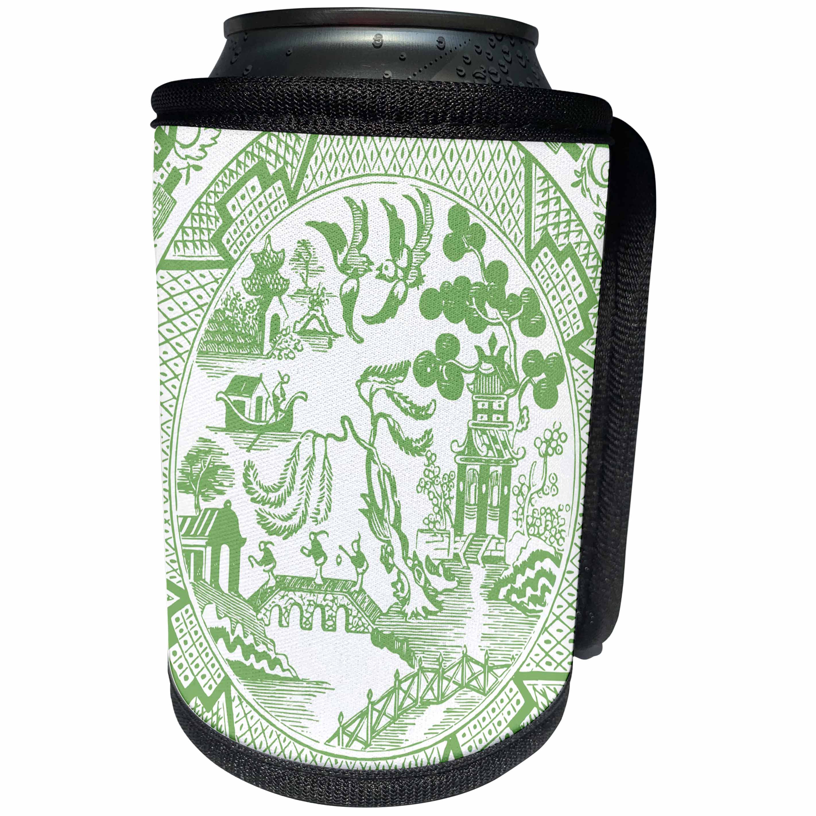 3dRose Russ Billington Designs - Willow Pattern Detail in Jade Green and White - Can Cooler Bottle Wrap (cc_262243)