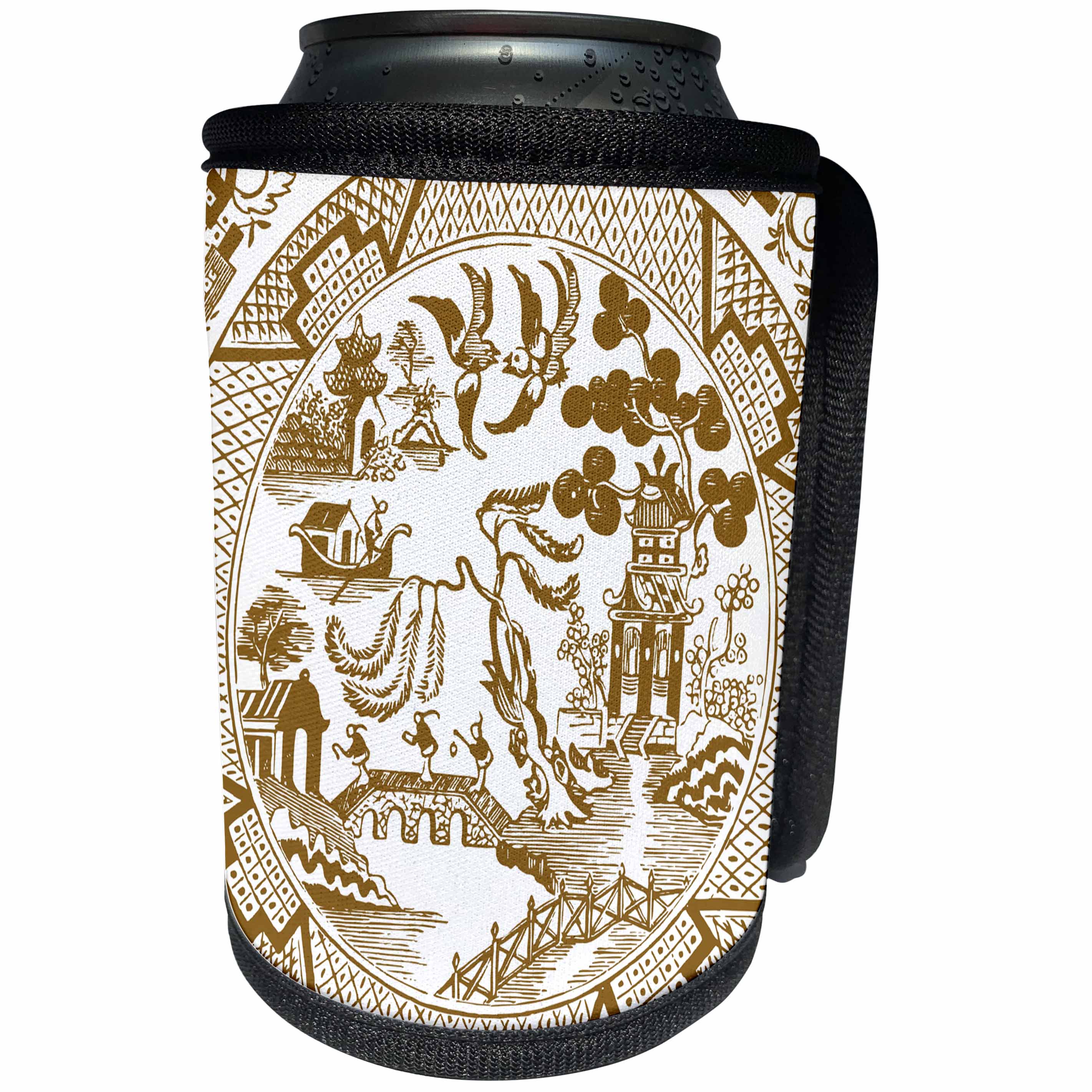 3dRose Russ Billington Designs - Willow Pattern Detail in Brown and White - Can Cooler Bottle Wrap (cc_262244)