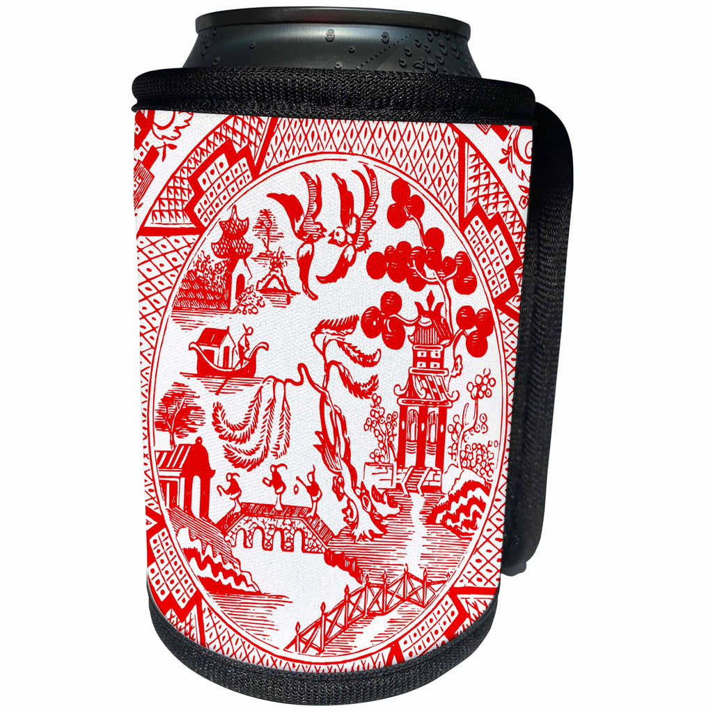 3dRose Russ Billington Designs - Willow Pattern Detail in Red and White - Can Cooler Bottle Wrap (cc_262245)