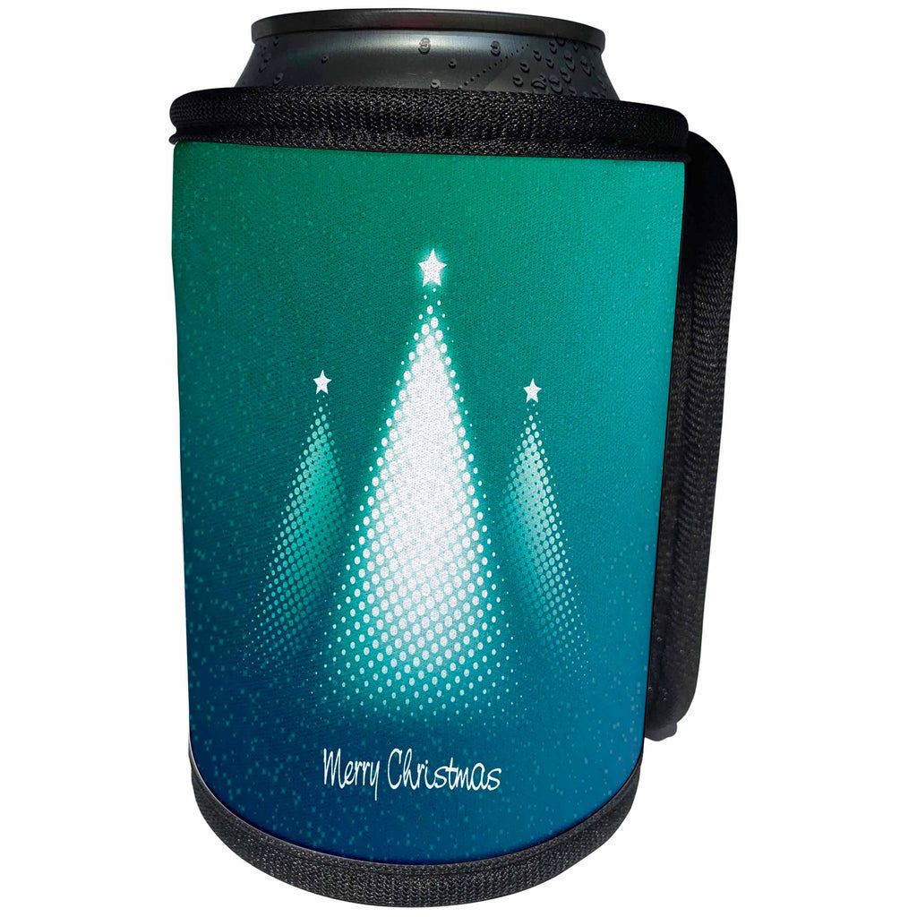 3dRose Russ Billington Christmas Designs - White Halftone Christmas Trees and Snow in Green and Blue Shades - Can Cooler Bottle Wrap (cc_262255)