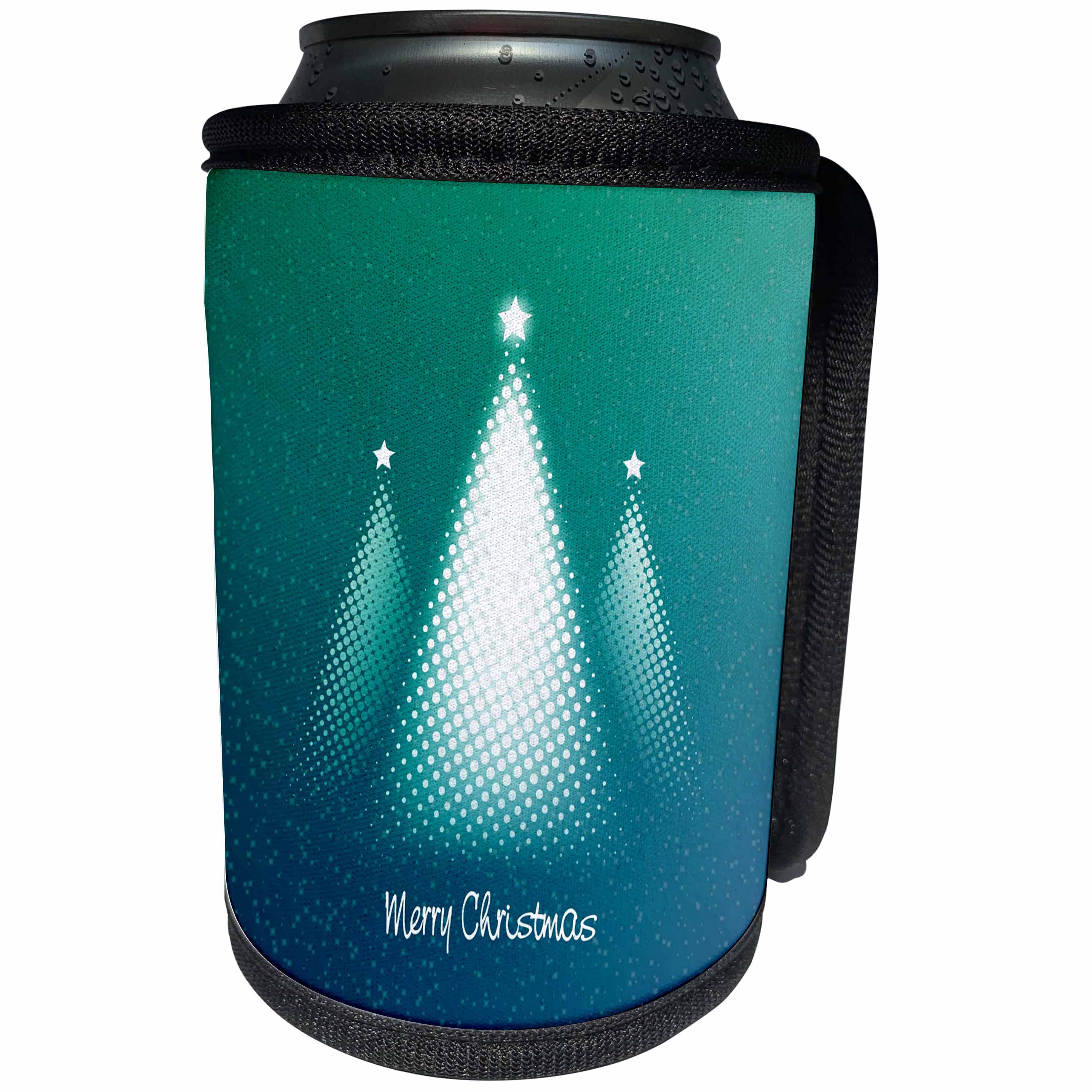 3dRose Russ Billington Christmas Designs - White Halftone Christmas Trees and Snow in Green and Blue Shades - Can Cooler Bottle Wrap (cc_262255)