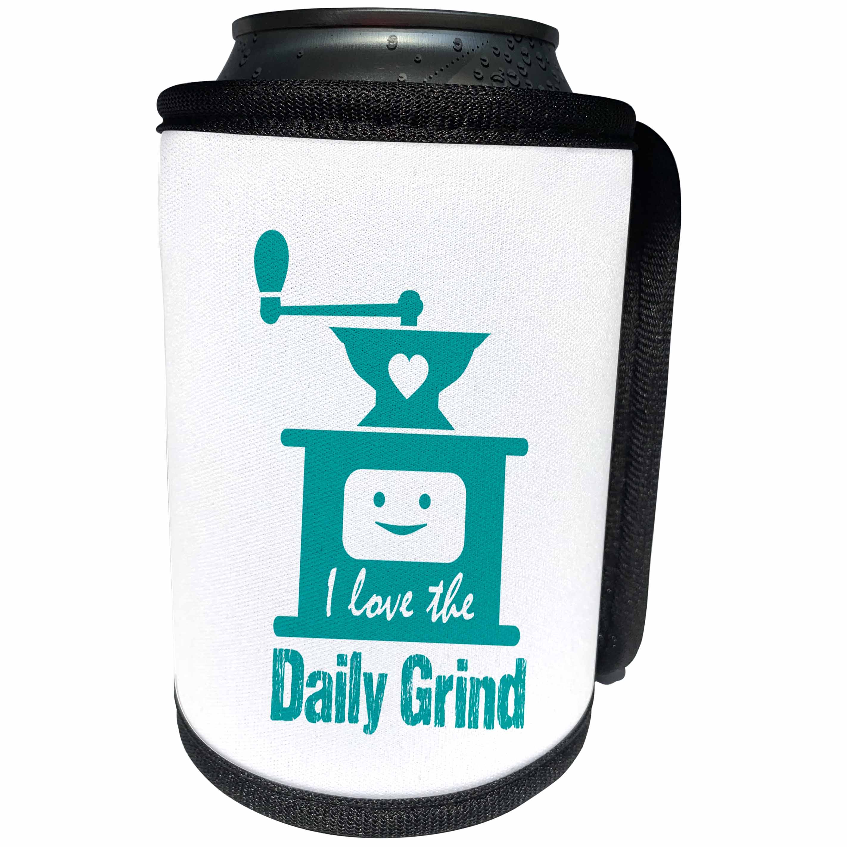 3dRose Russ Billington Designs - Funny Coffee Grinder Design in Teal on White - Can Cooler Bottle Wrap (cc_262257)