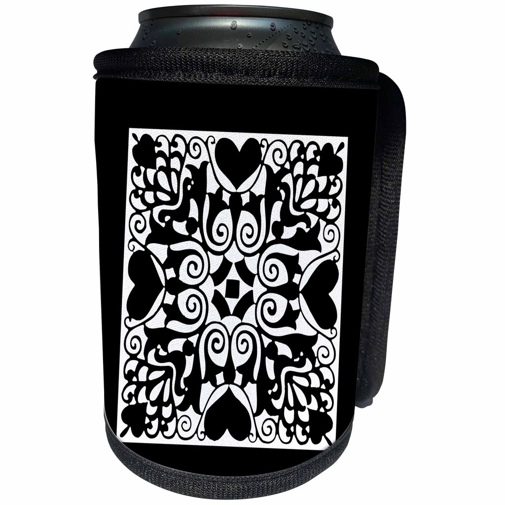 3dRose Russ Billington Designs - Hearts and Flowers Tile Design in Black and White - Can Cooler Bottle Wrap (cc_262263)