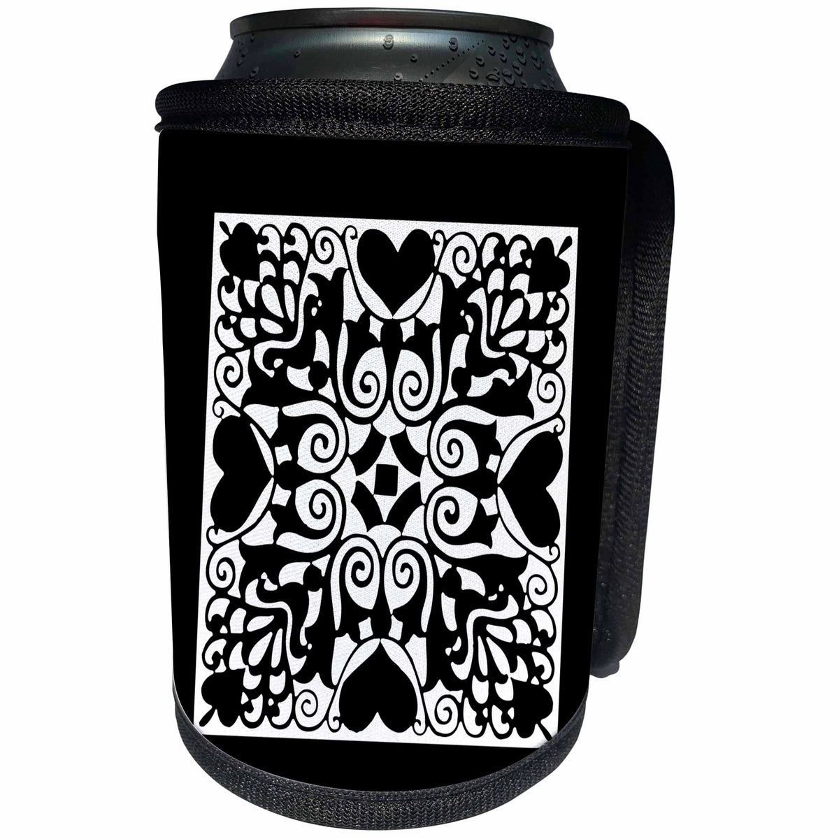 3dRose Russ Billington Designs - Hearts and Flowers Tile Design in Black and White - Can Cooler Bottle Wrap (cc_262263)