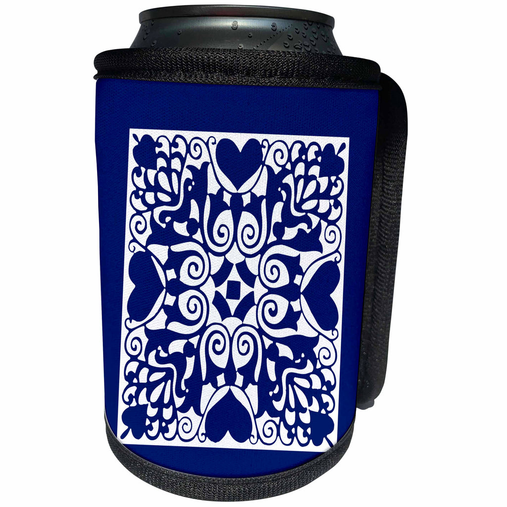 3dRose Russ Billington Designs - Hearts and Flowers Tile Design in Blue and White - Can Cooler Bottle Wrap (cc_262267)