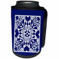 3dRose Russ Billington Designs - Hearts and Flowers Tile Design in Blue and White - Can Cooler Bottle Wrap (cc_262267)