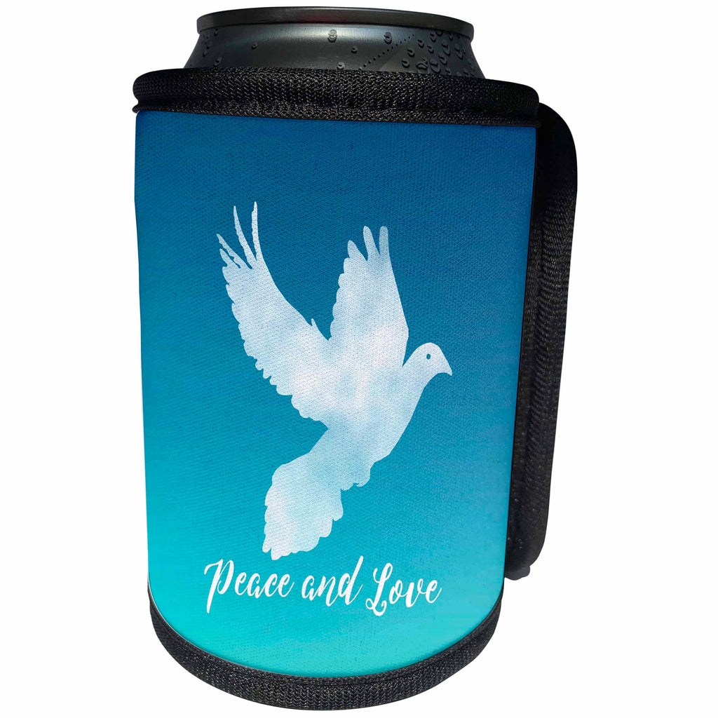 3dRose Russ Billington Christmas Designs - Peace and Love- White Dove over Tonal Blue Background - Can Cooler Bottle Wrap (cc_262268)