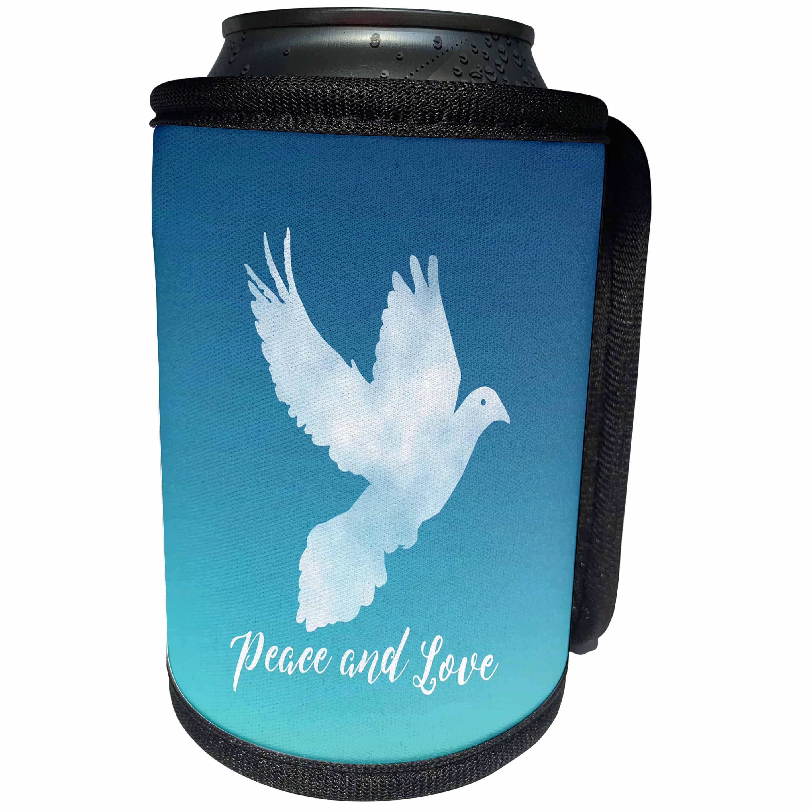 3dRose Russ Billington Christmas Designs - Peace and Love- White Dove over Tonal Blue Background - Can Cooler Bottle Wrap (cc_262268)