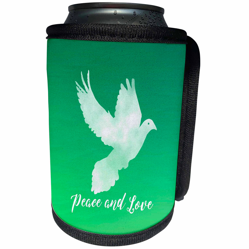 3dRose Russ Billington Christmas Designs - Peace and Love- White Dove over Tonal Green Background - Can Cooler Bottle Wrap (cc_262269)