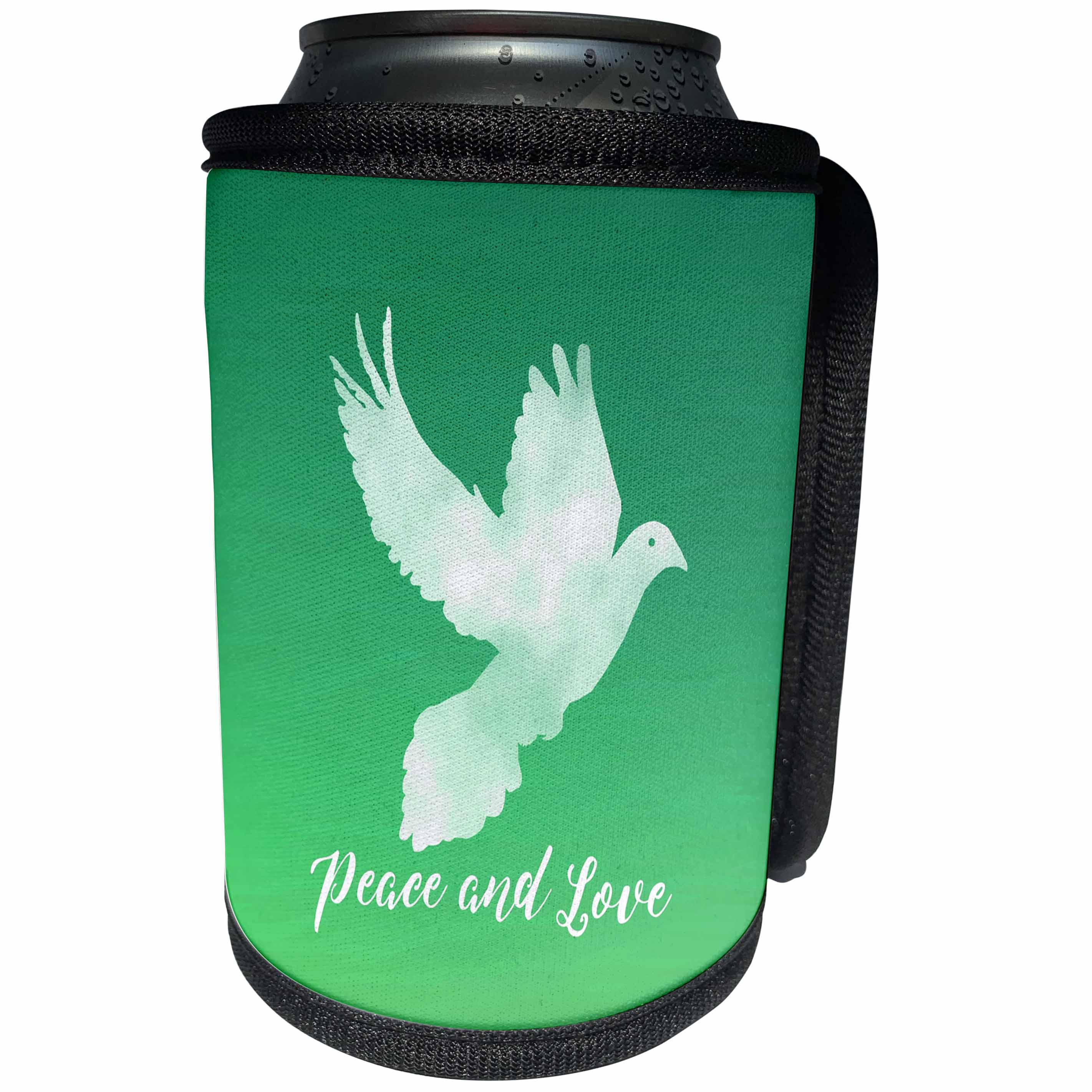 3dRose Russ Billington Christmas Designs - Peace and Love- White Dove over Tonal Green Background - Can Cooler Bottle Wrap (cc_262269)