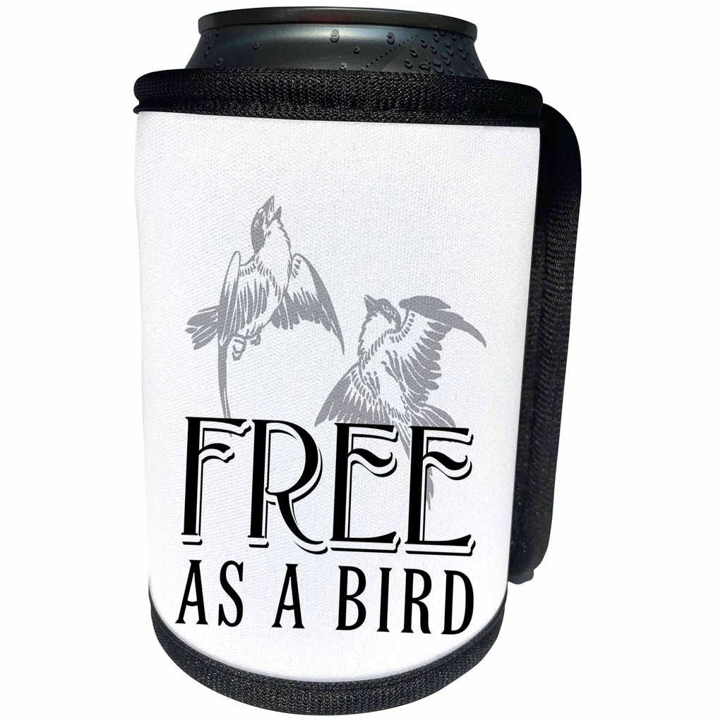 3dRose Russ Billington Designs - Free As A Bird- Two Sparrows Flying Over Text in Black Gray and White - Can Cooler Bottle Wrap (cc_262280)