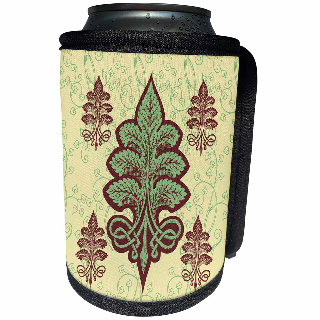 3dRose Russ Billington Designs - Celtic Knot Leaf Design in Brown Yellow and Green - Can Cooler Bottle Wrap (cc_262282)