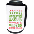 3dRose Russ Billington Designs - She Who Must Be Obeyed- Strong Woman Design in Green Pink and White - Can Cooler Bottle Wrap (cc_262289)